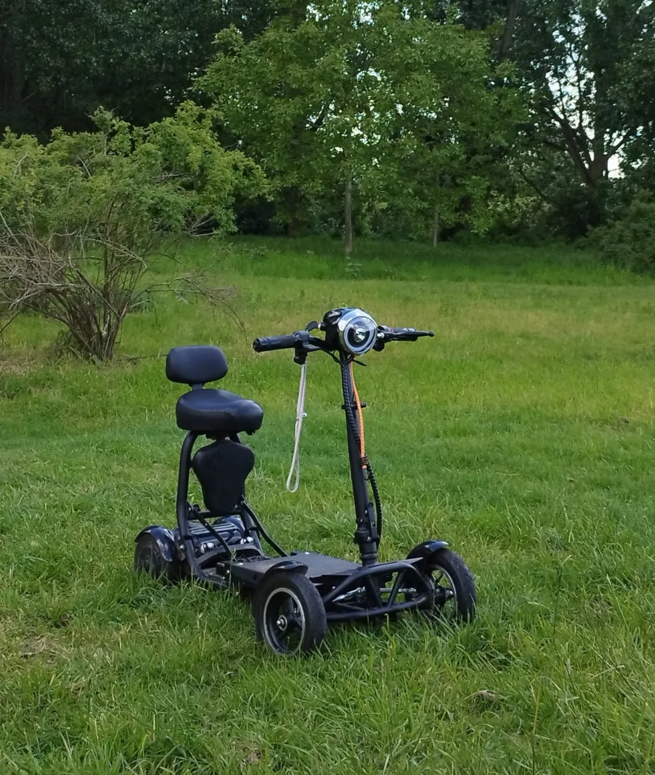 De scootmobiel geparkeerd in het gras